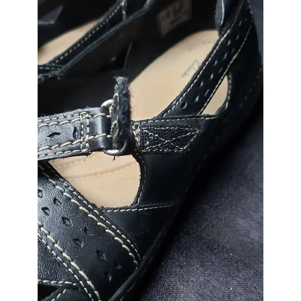 Clarks Ultimate Comfort Black Leather Mary Jane Loafers Adjustable Strap Shoes